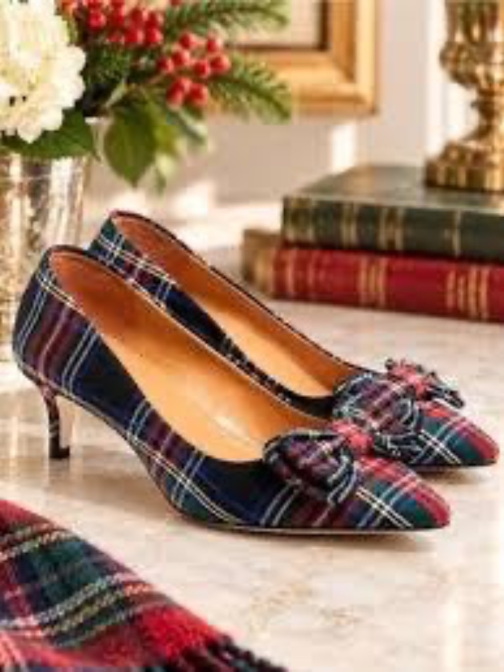 J. Crew Esme Plaid Tartan Kitten Heel Pumps W/ Bow Black & Red 10